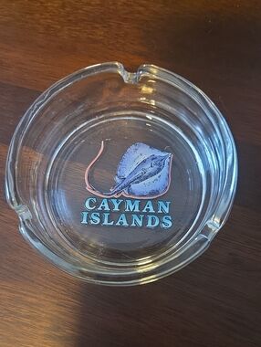 Cayman Islands Clear Glass Ashtray with Blue Stingray Graphic